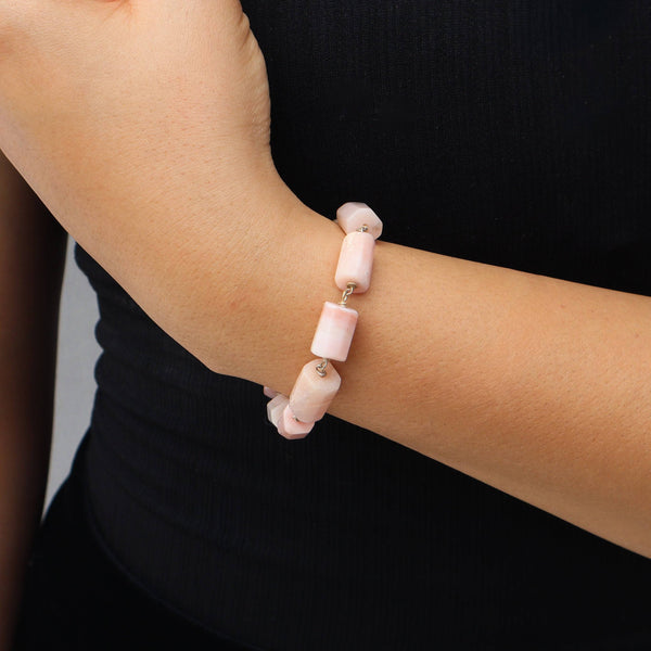 Close-up of Silver Pink Opal Ganthan Bracelet with opal detail
