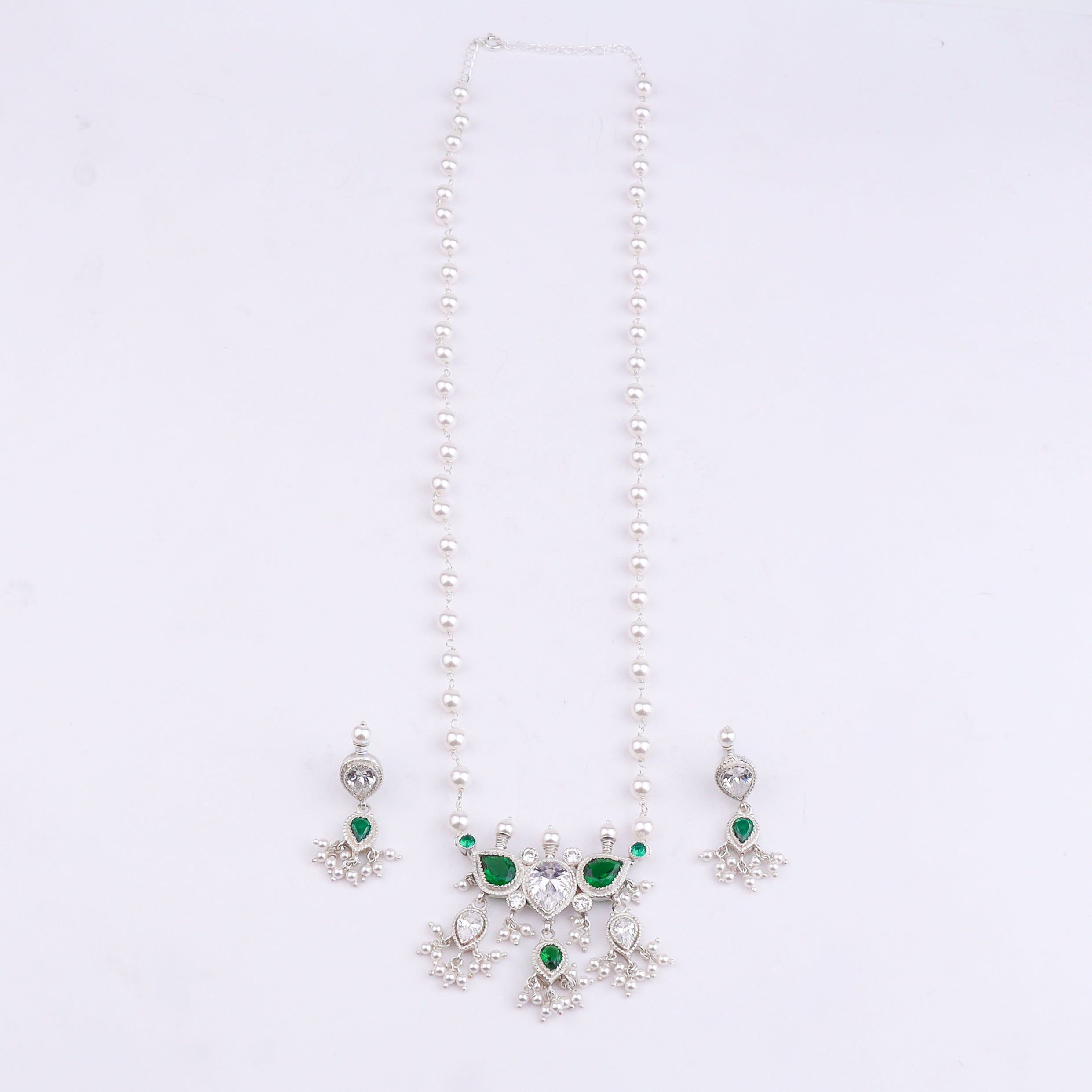 Silver Green & White CZ Tanmani Set with Pearl Ganthan