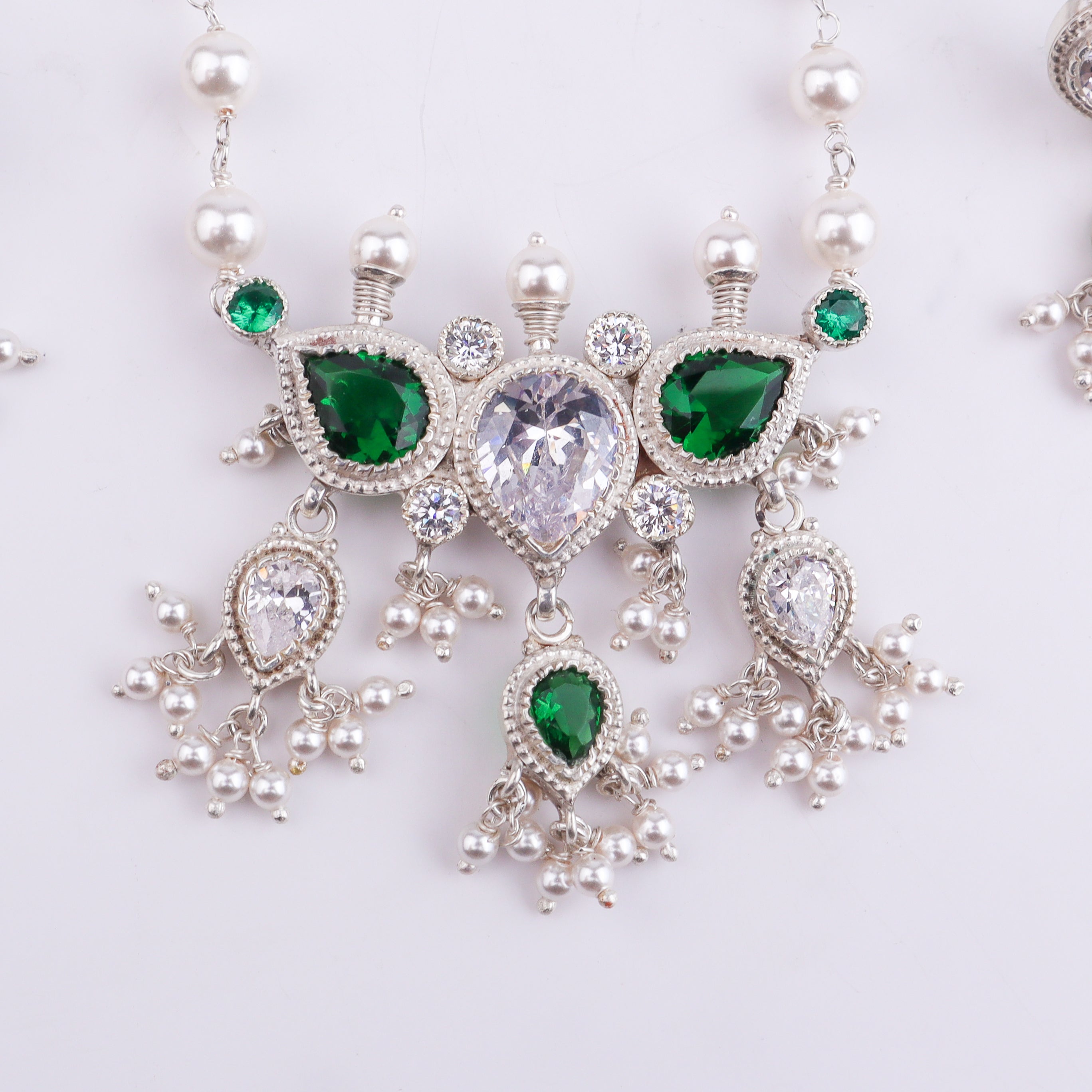 Silver Green & White CZ Tanmani Set with Pearl Ganthan