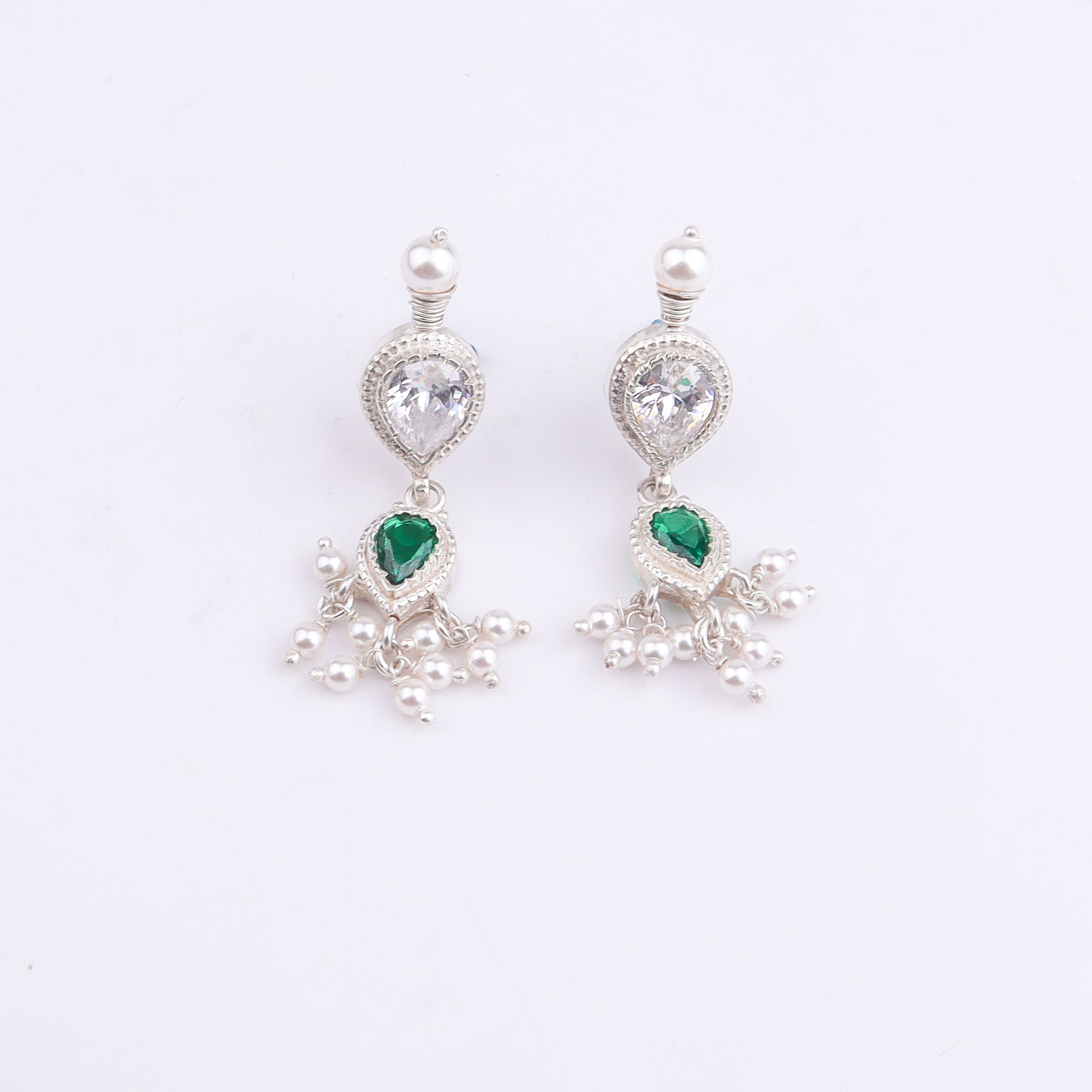 Silver Green & White CZ Tanmani Set with Pearl Ganthan