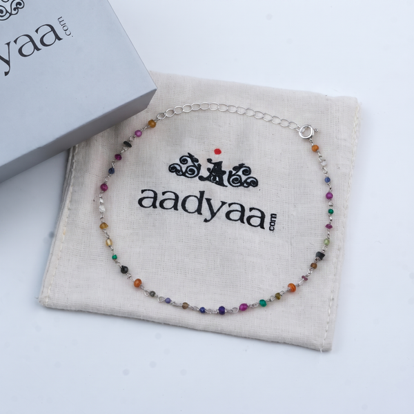 Silver Multicolour Stone Ganthan Anklet