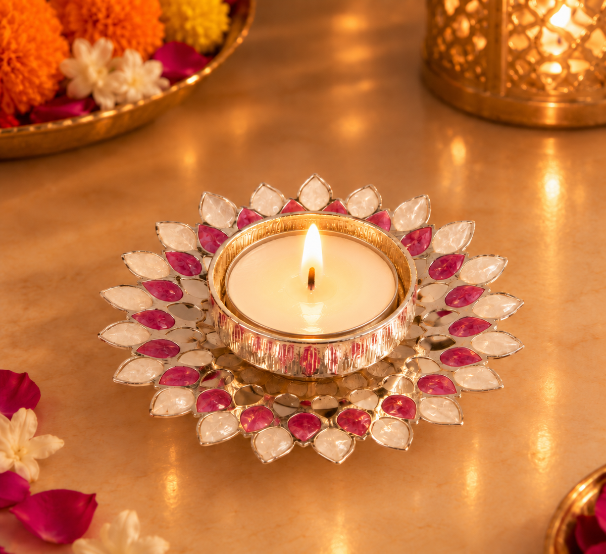 Silver Plated Candle Diya with Pink & Beige Enamel
