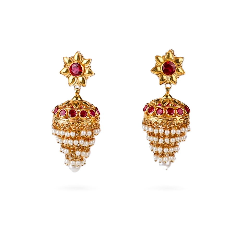 Multi Layered Jhumki with Pearls | 92.5 Silver | 22 K Gold Plated (Made to Order)