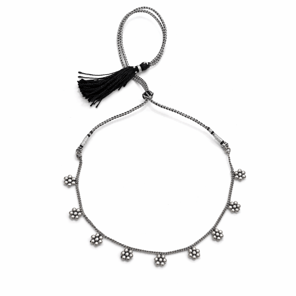 Kudi Chain Choker 9 Motif silver necklace with floral charms and black tassel