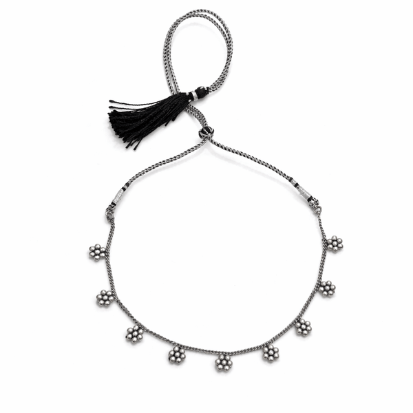 Kudi Chain Choker 9 Motif silver necklace with floral charms and black tassel