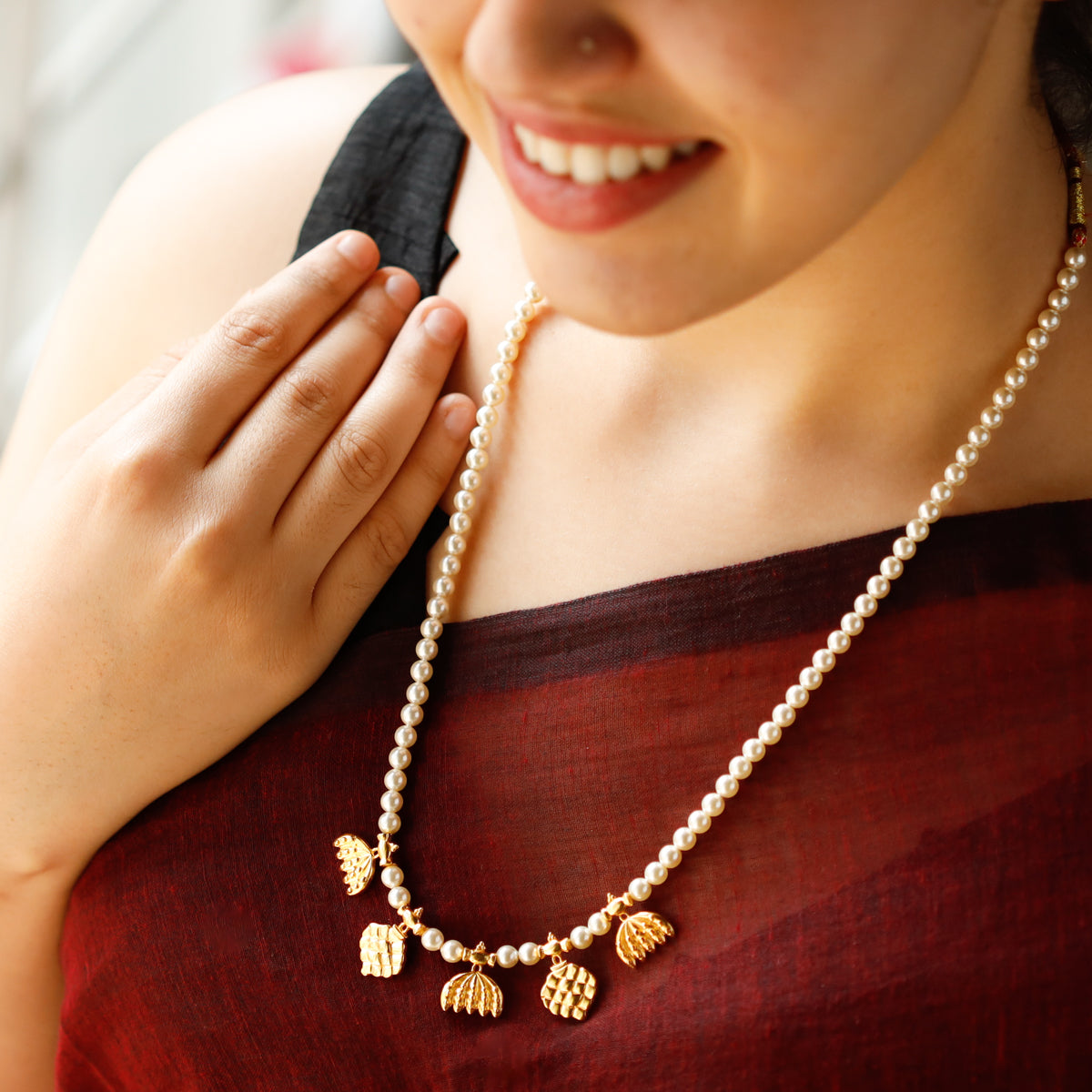 Saaj Motif Gold Plated Necklace with Pearls (Keli & Ananas)