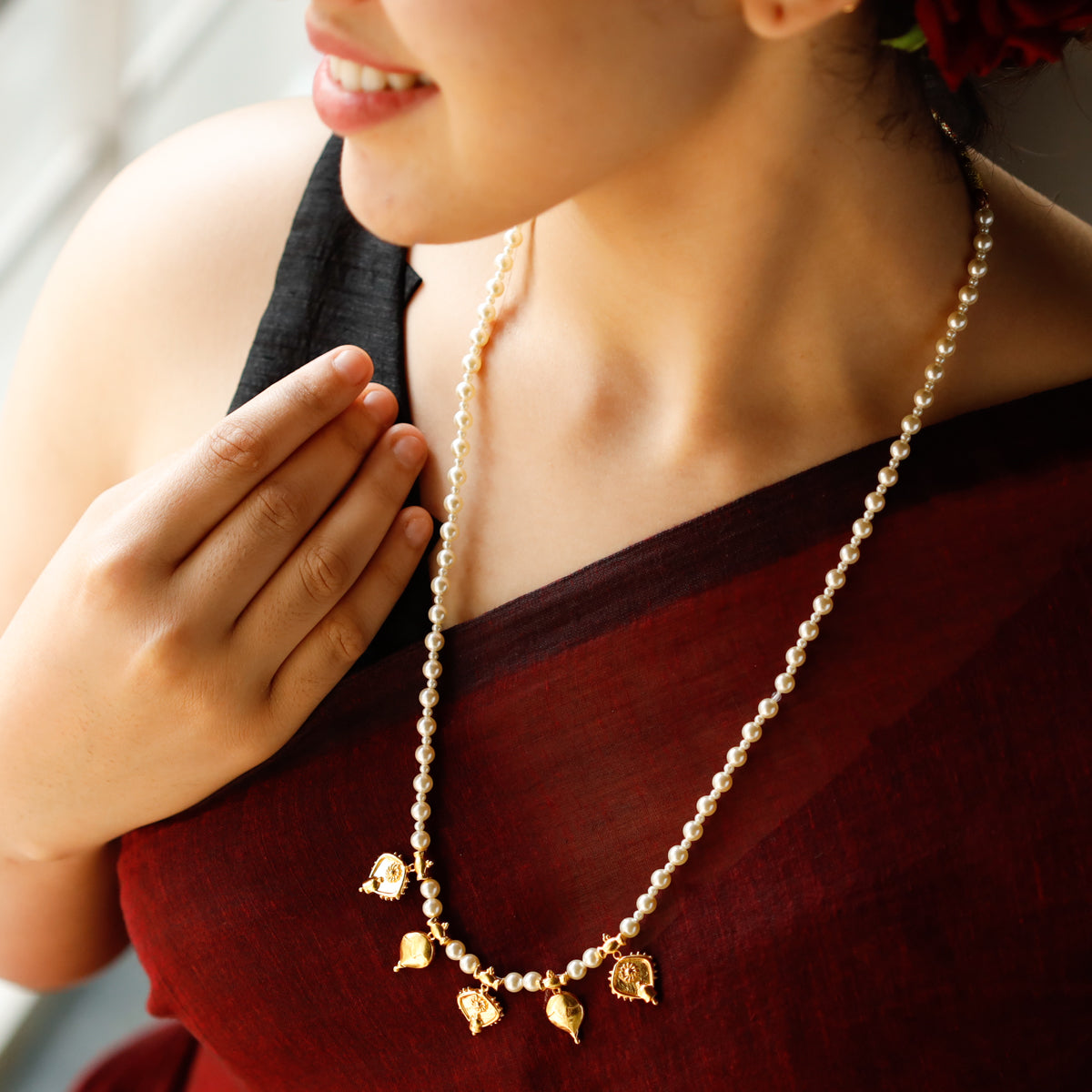 Saaj Motif Gold Plated Necklace with Pearls (Vaange & Badam) |  92.5 Silver | 22K Gold Plated