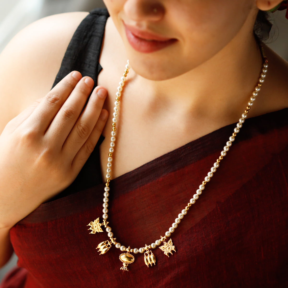 Saaj Motif Gold Plated Necklace with Pearls (Vrundavan , Yavasatu & Chandanpatra)