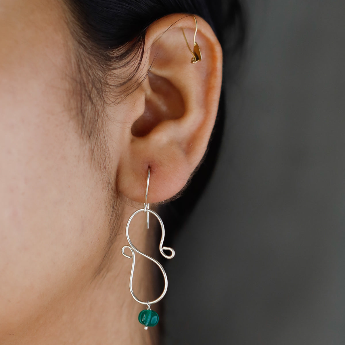 Silver Wire Bending Earrings with Green Onyx