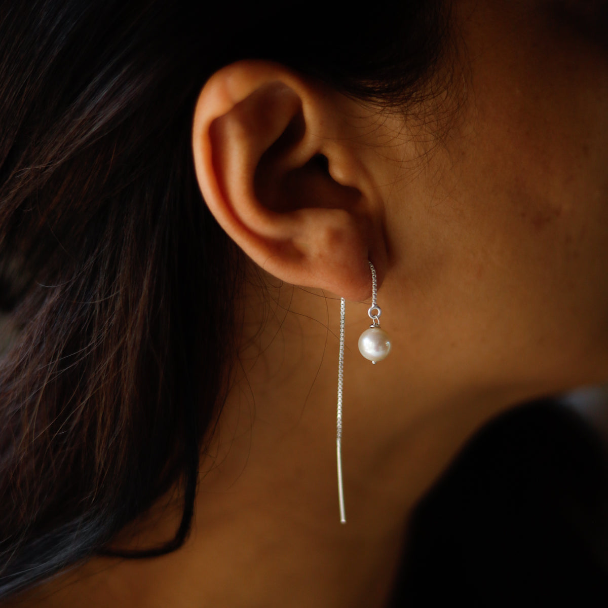 Silver threader pearl drop earrings detailing