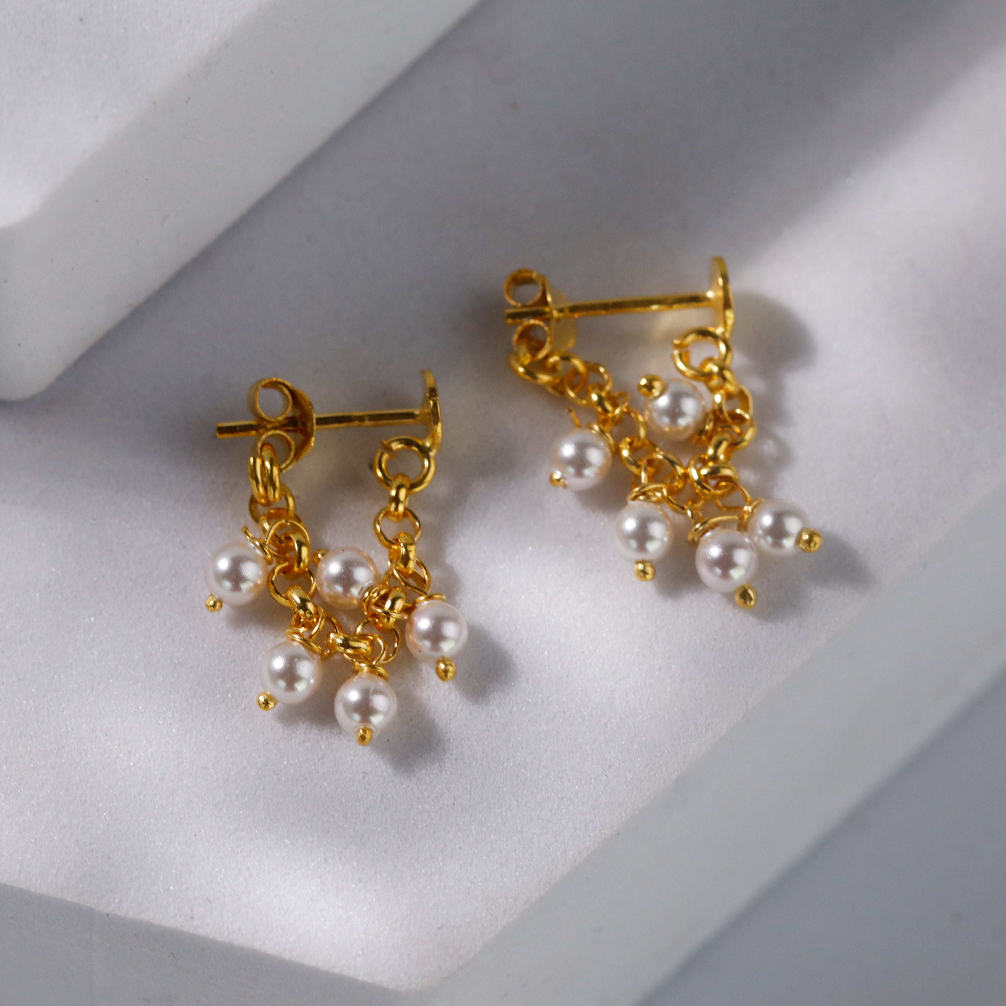 Handcrafted gold plated silver dainty pearl earrings polished finish