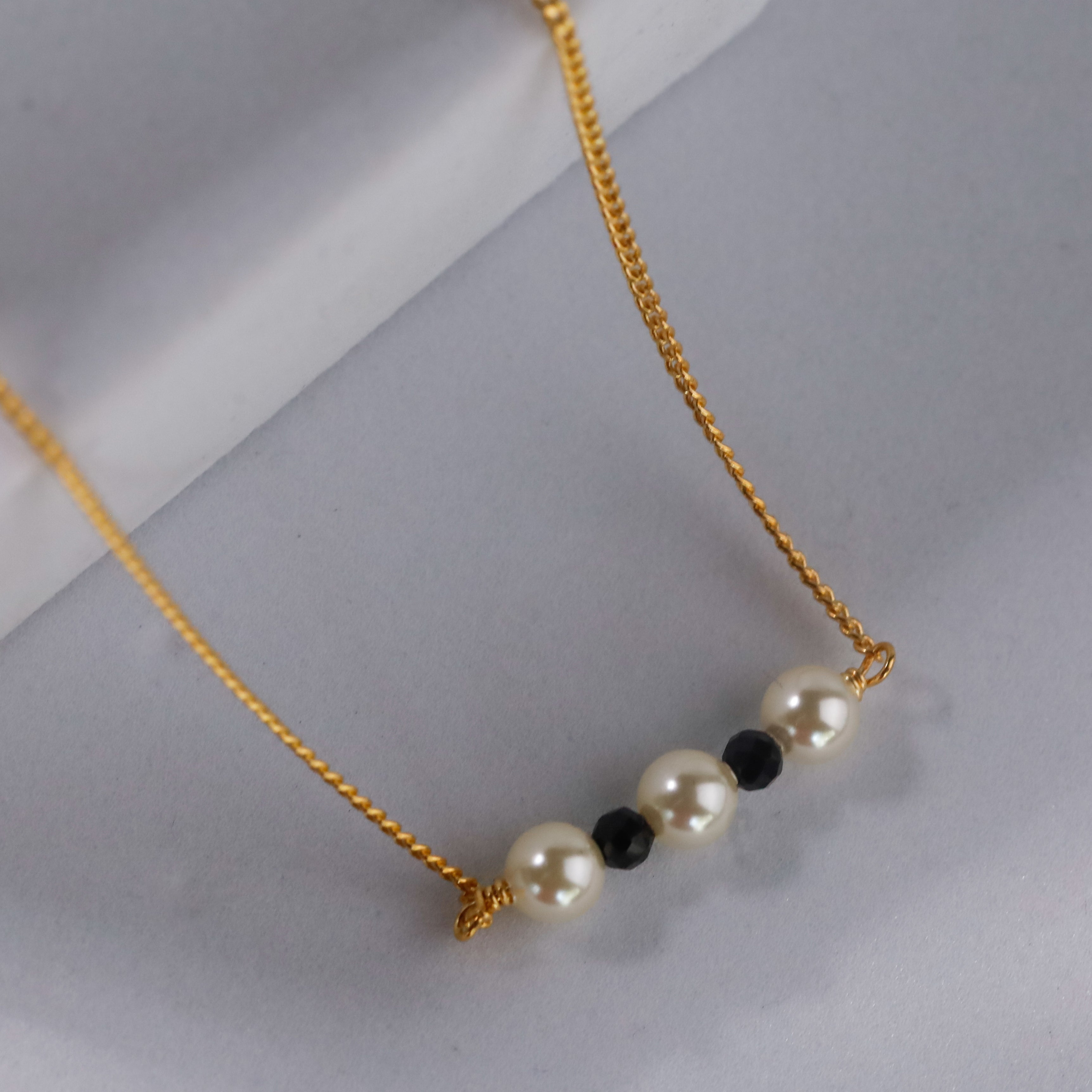 Silver Chain Pearl Mangalsutra : Cream Pearls and Spinel (Gold Plated)