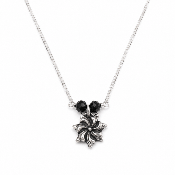 Silver chain with black beads and floral pendant for women