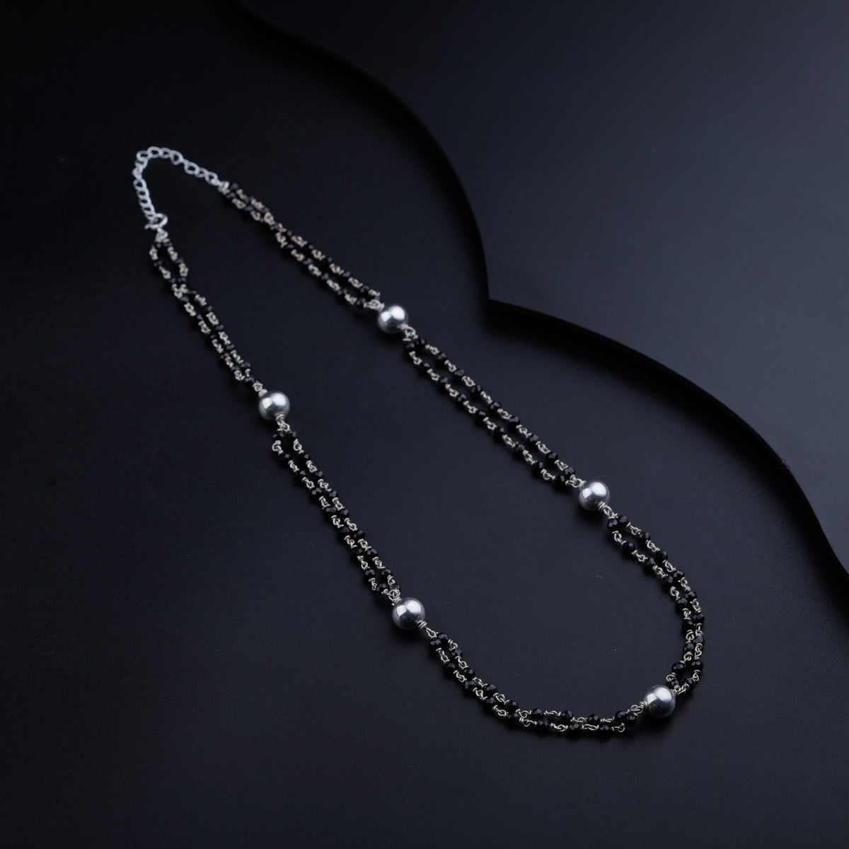 Silver Bead Necklace with Black Spinel