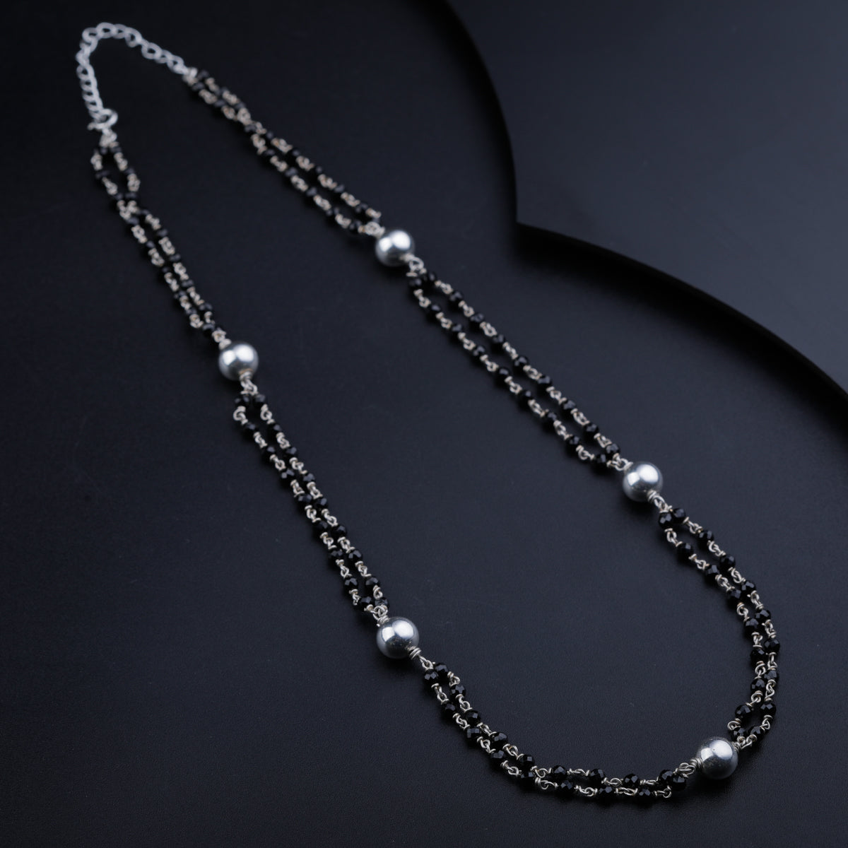 Silver Bead Necklace with Black Spinel