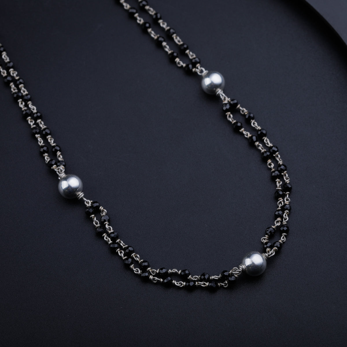 Silver Bead Necklace with Black Spinel