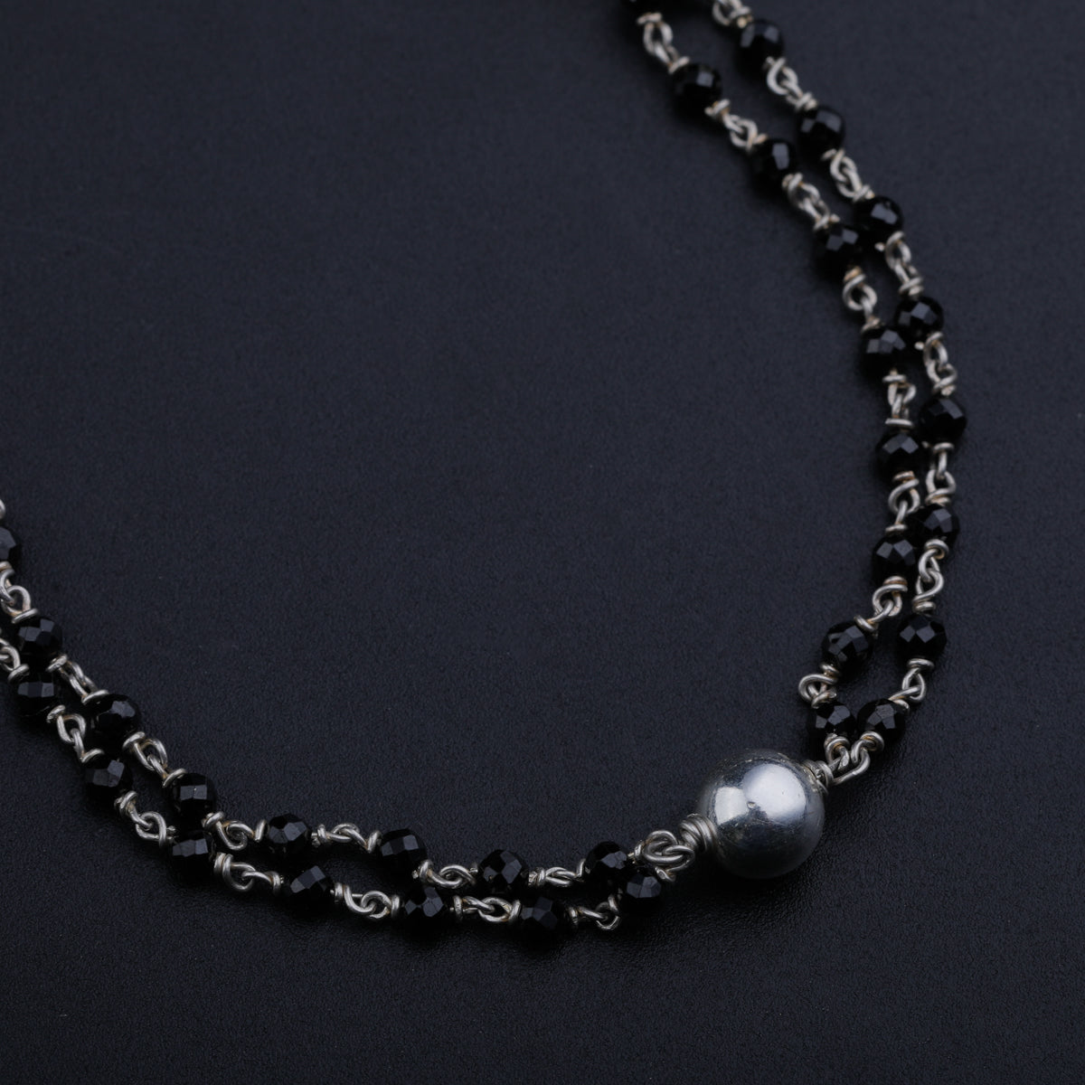 Silver Bead Necklace with Black Spinel