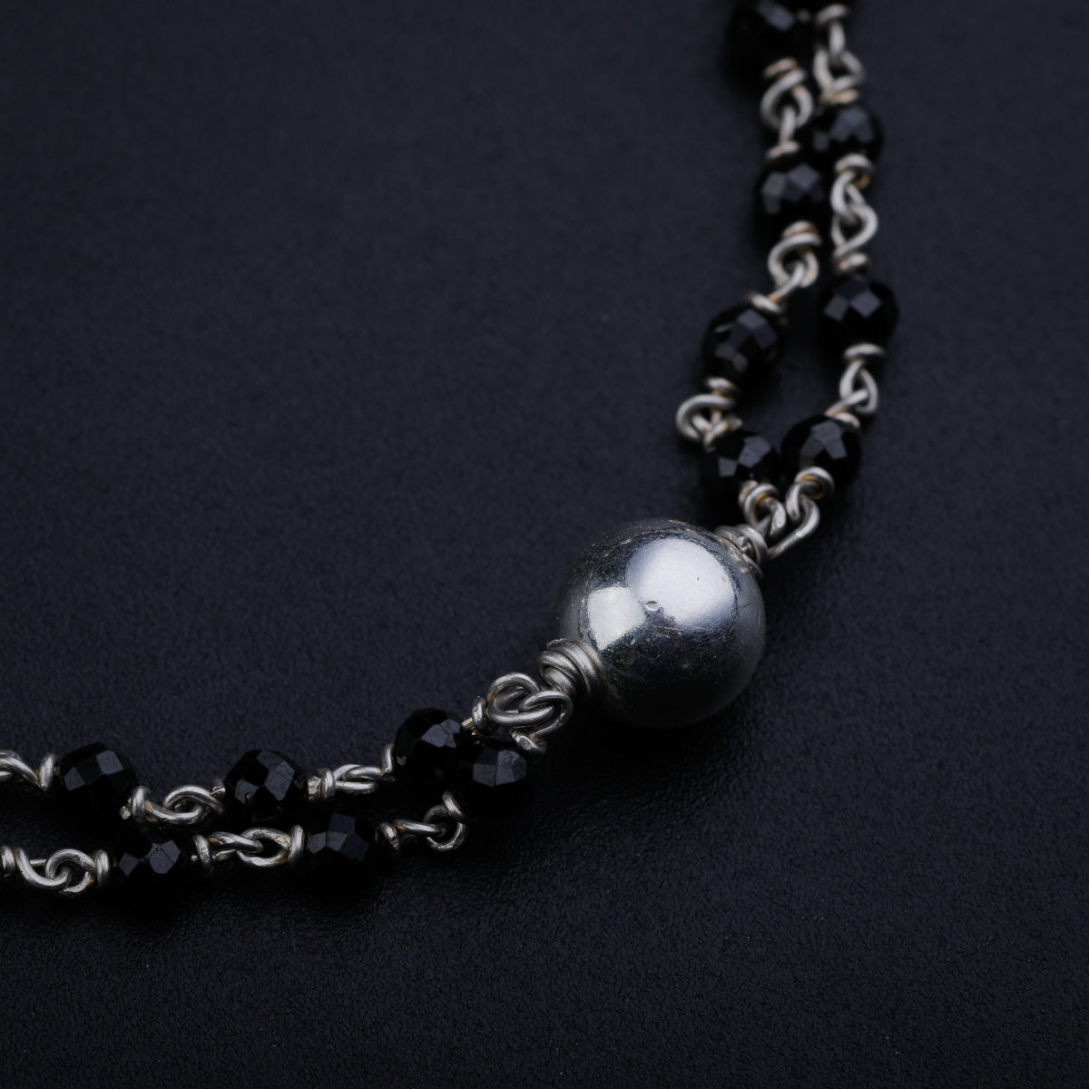 Silver Bead Necklace with Black Spinel