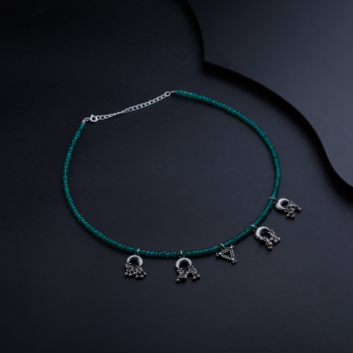 Silver 5 Charms Necklace with Green Onyx