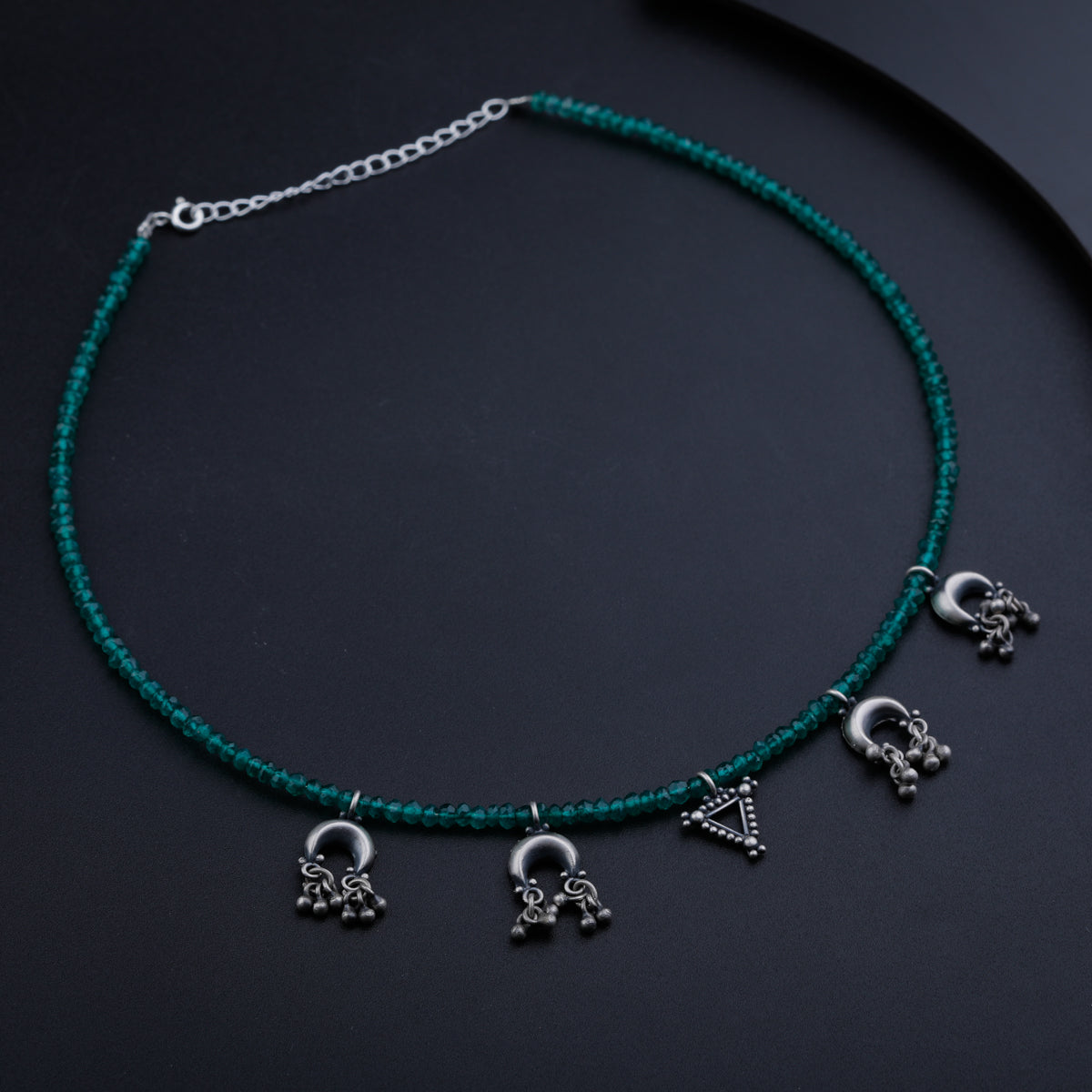 Silver 5 Charms Necklace with Green Onyx