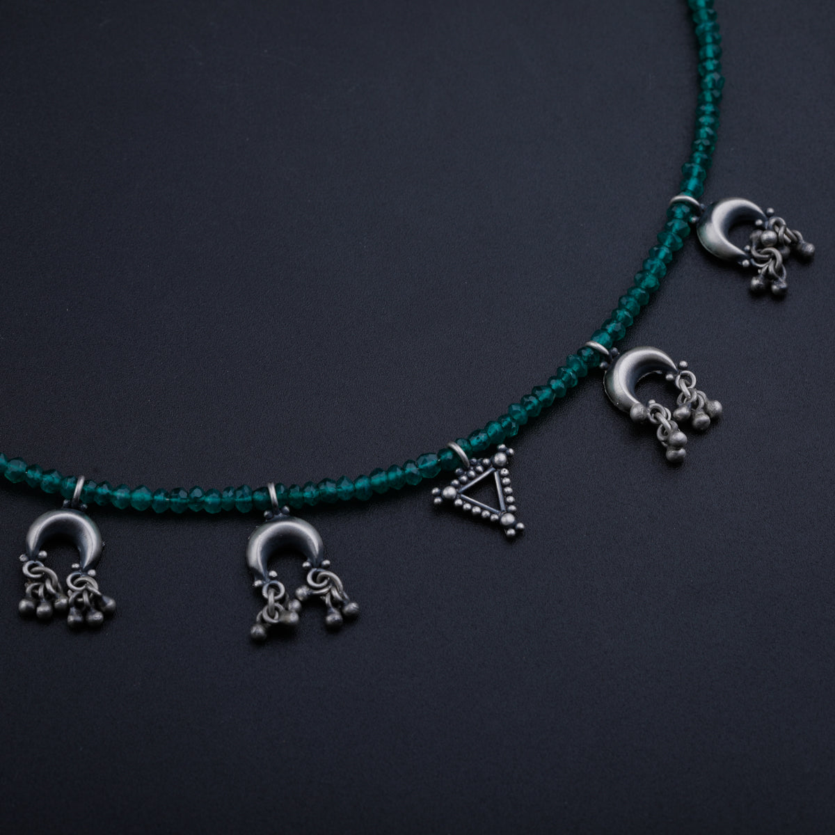 Silver 5 Charms Necklace with Green Onyx