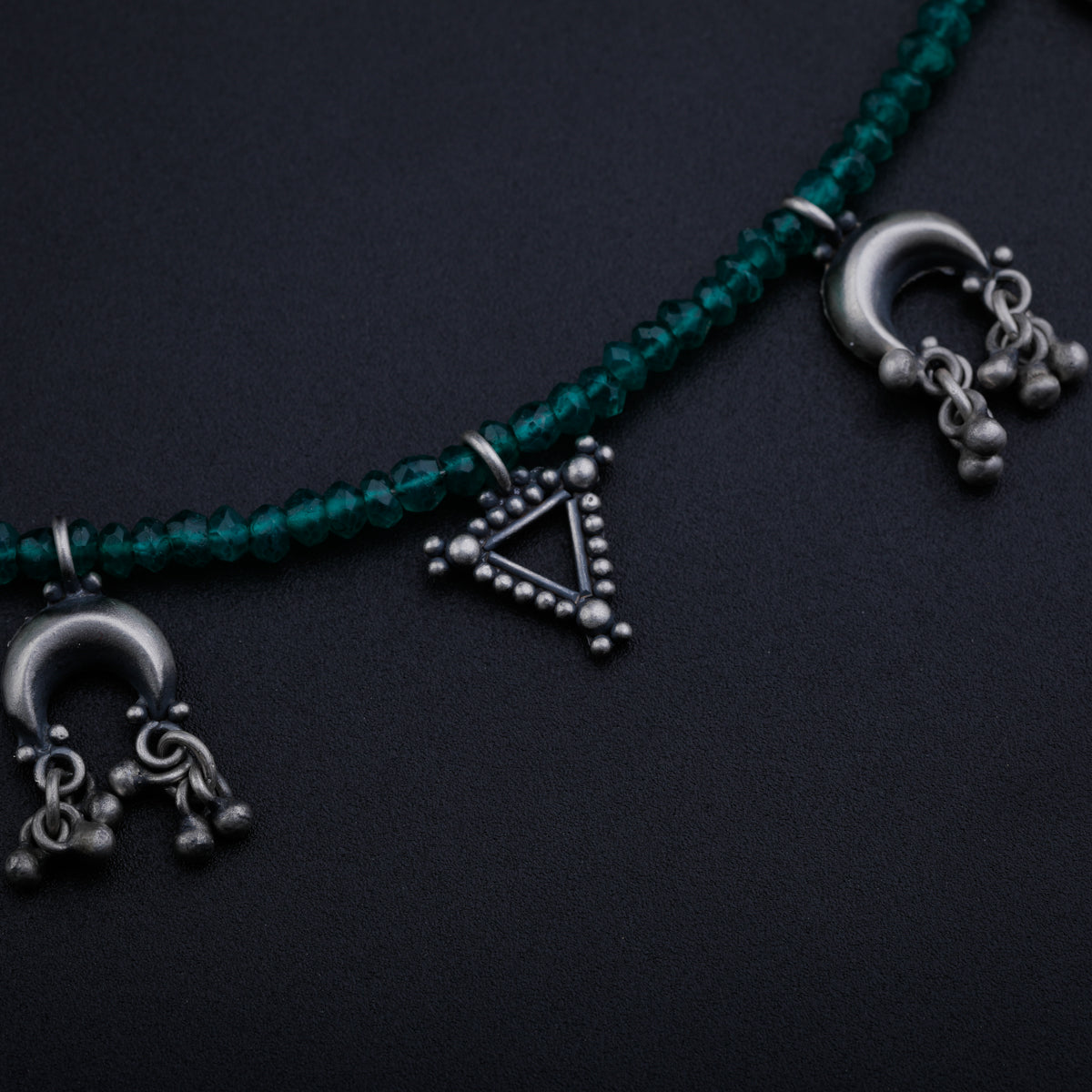 Silver 5 Charms Necklace with Green Onyx