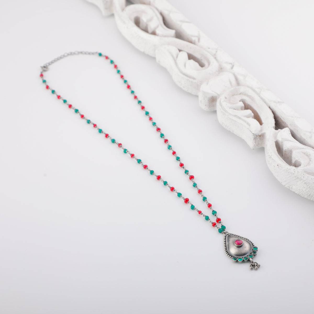 Silver Drop Motif Necklace with Green Onyx and Ruby