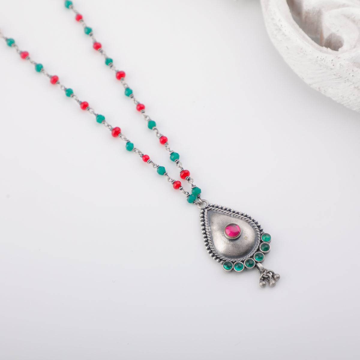 Silver Drop Motif Necklace with Green Onyx and Ruby