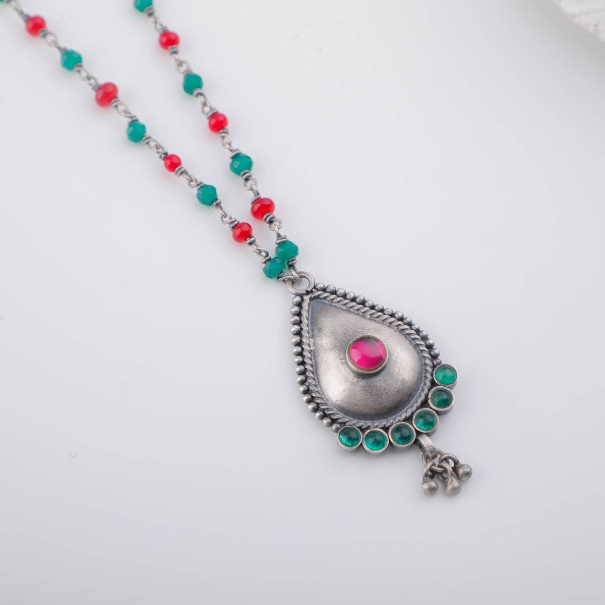 Silver Drop Motif Necklace with Green Onyx and Ruby