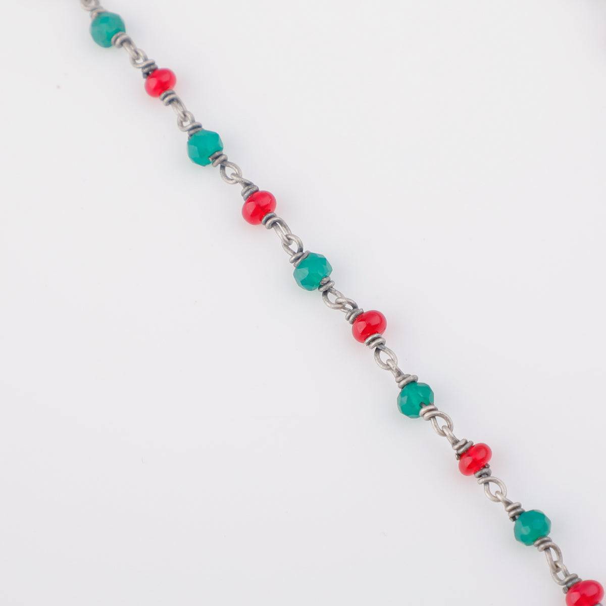 Silver Drop Motif Necklace with Green Onyx and Ruby