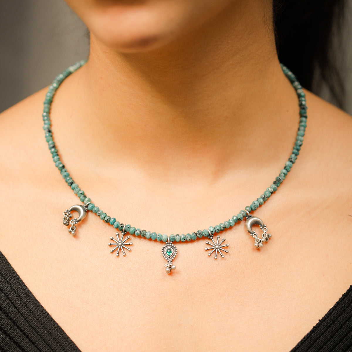 Multi Charm Necklace with Green Sapphire