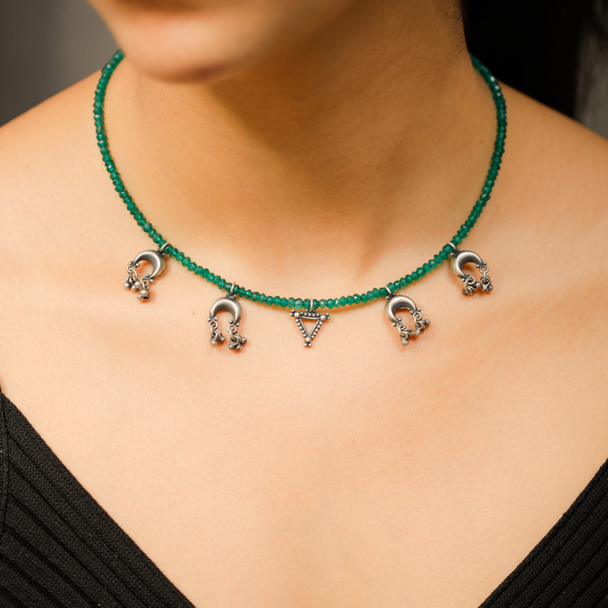 Silver 5 Charms Necklace with Green Onyx