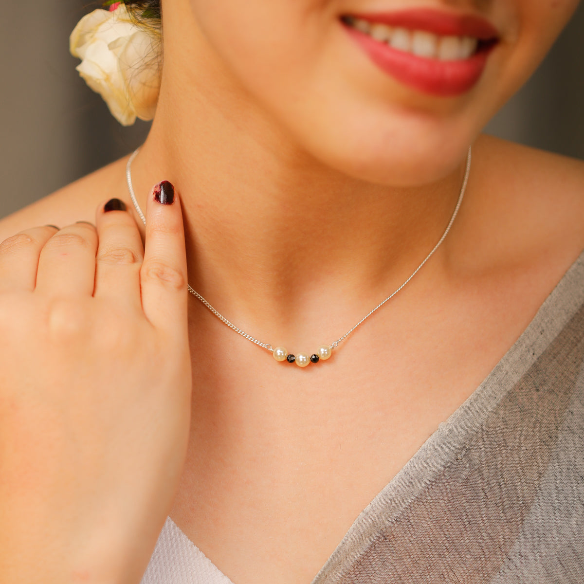 Silver Chain Pearl Mangalsutra : Cream Pearls and Spinel