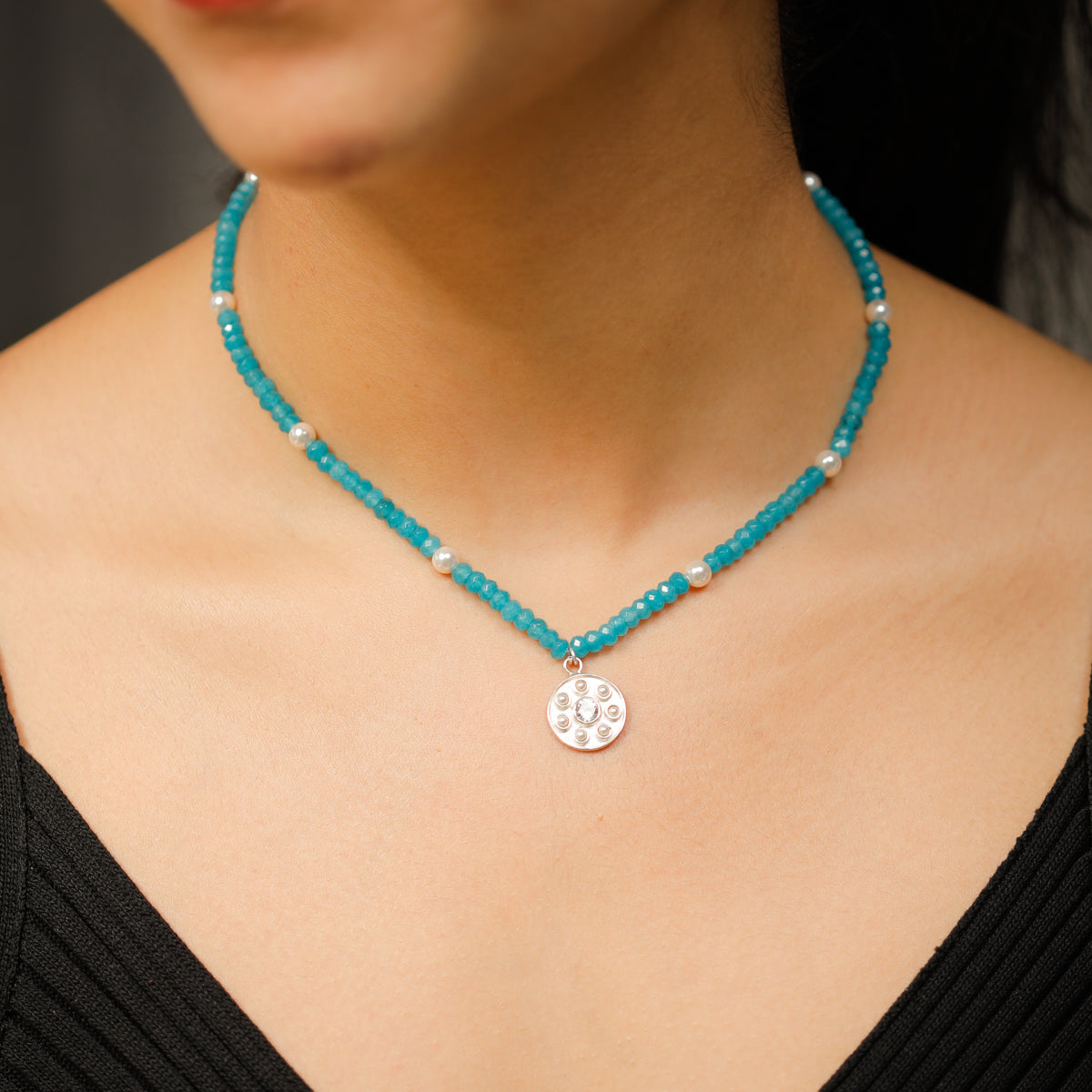 Silver Kundan Pendant Necklace with Pearl and Chalcedony