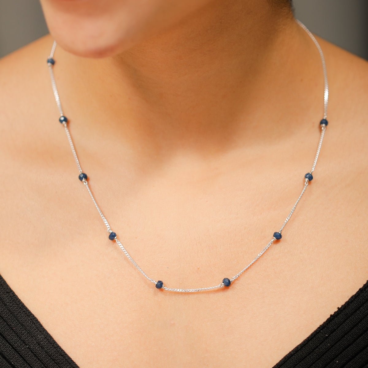 Navy Blue Sapphire Silver Chain