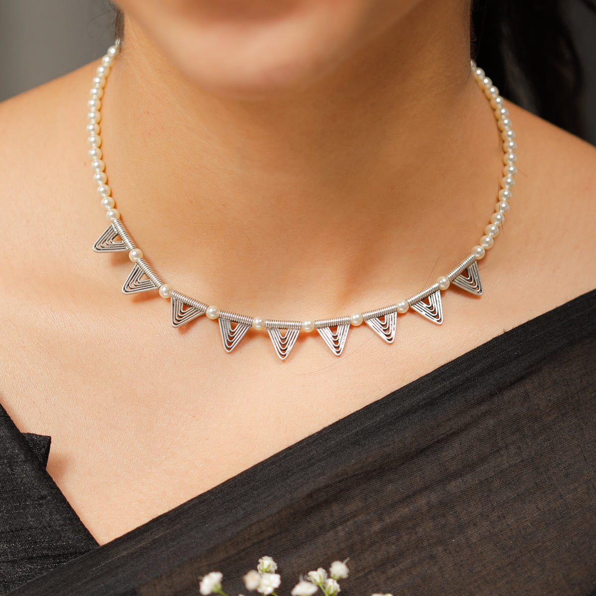 Spiral Triangle Necklace with Pearls