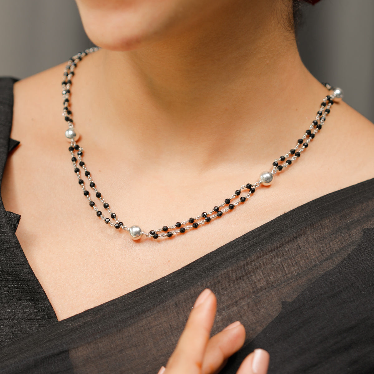 Silver Bead Necklace with Black Spinel