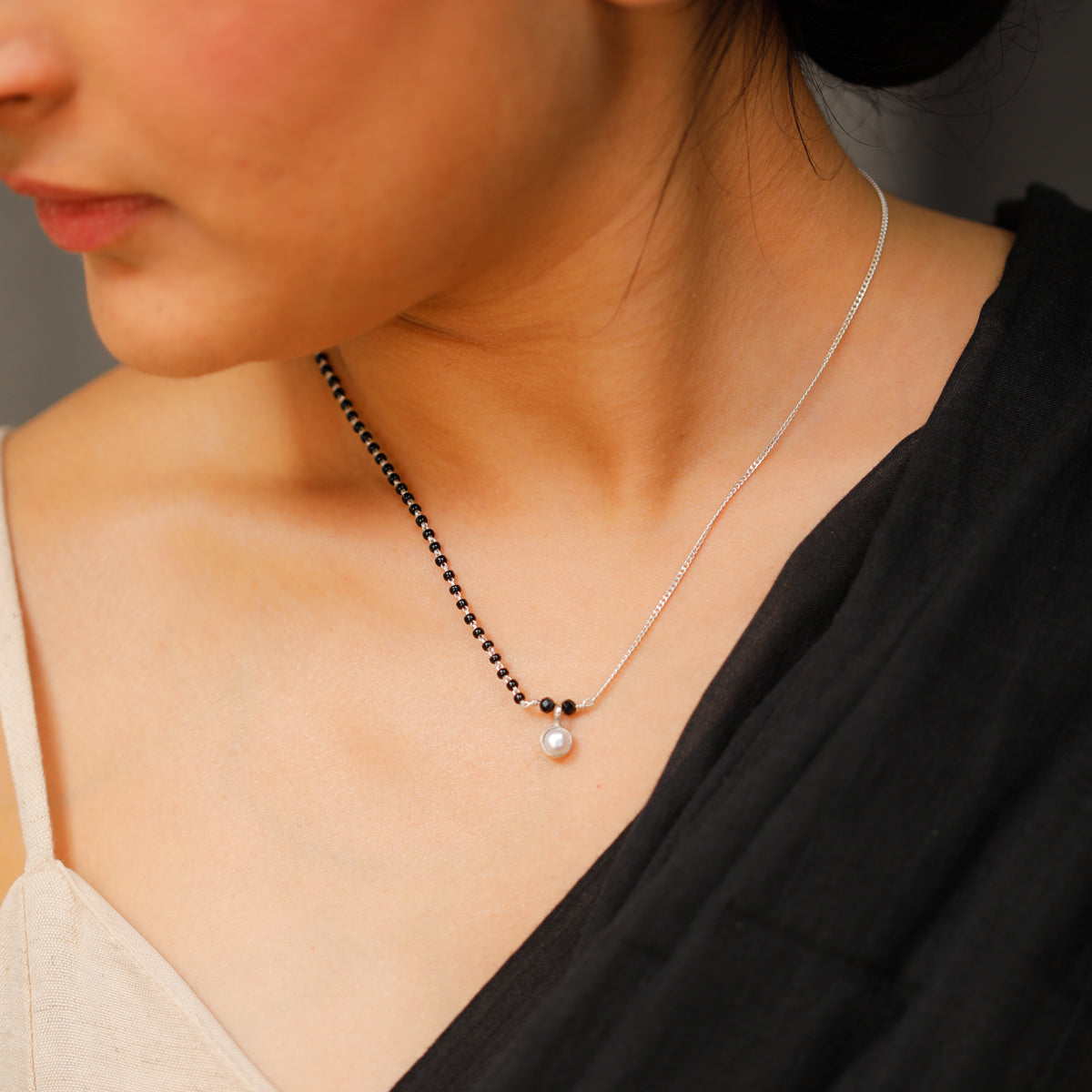 Pearl Drop Mangalsutra with dual-tone beads on silver chain