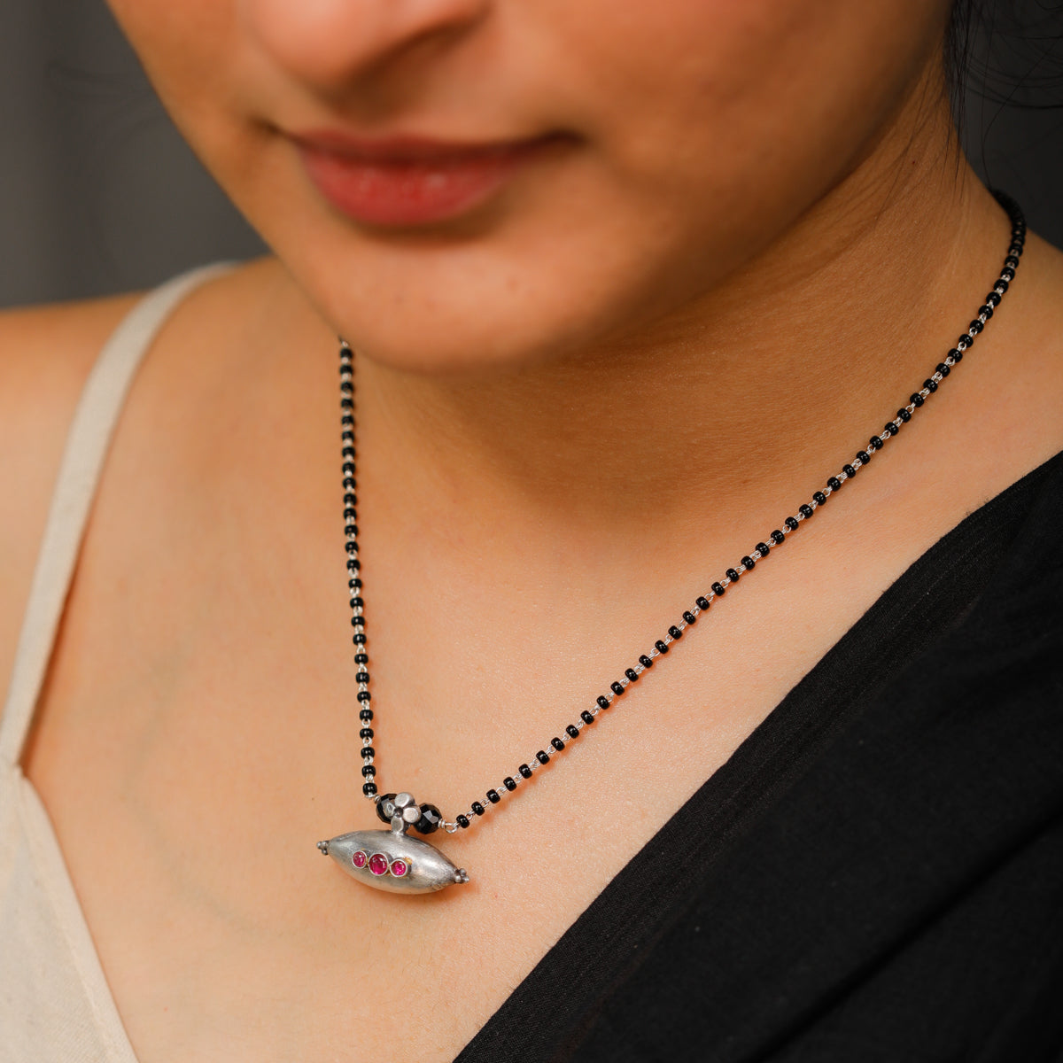 Silver Black Beads Chain Tribal Motif Mangalsutra