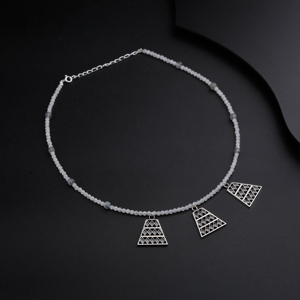 Silver Trapezoid Pendants Necklace with Moonstone