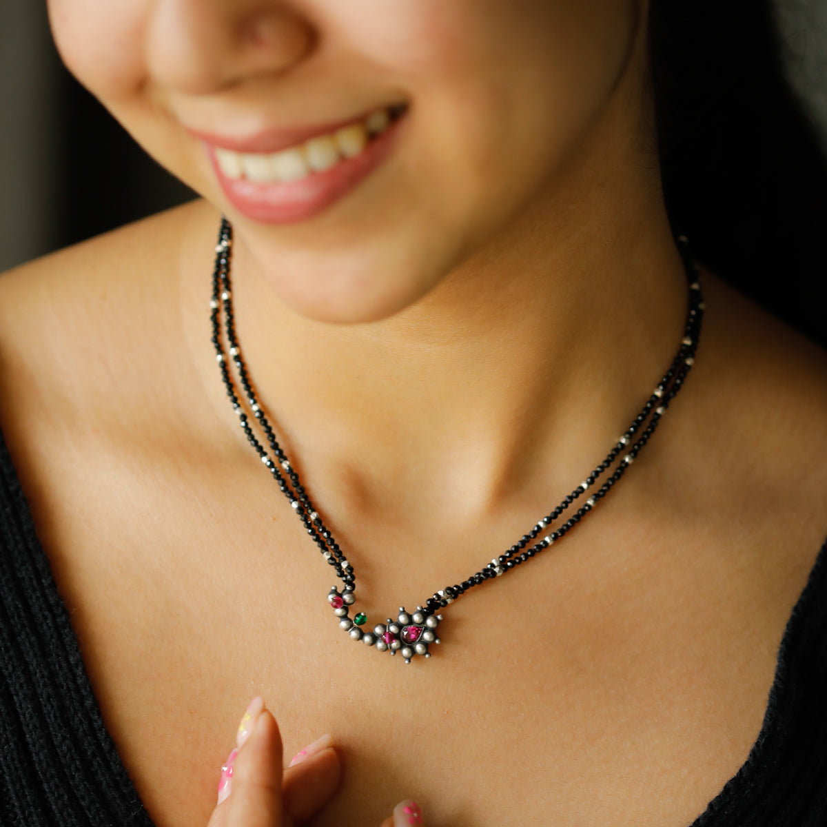 Silver Bead Nath Pendant Necklace with Black Spinel