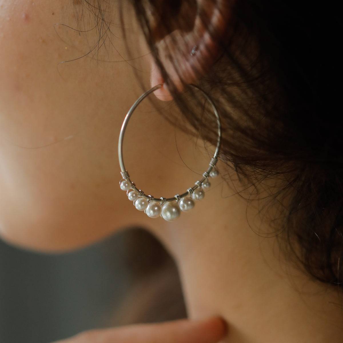 Pearl Binded Silver Hoops