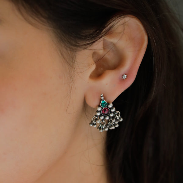 Silver traditional Saaj earrings with red and green stones
