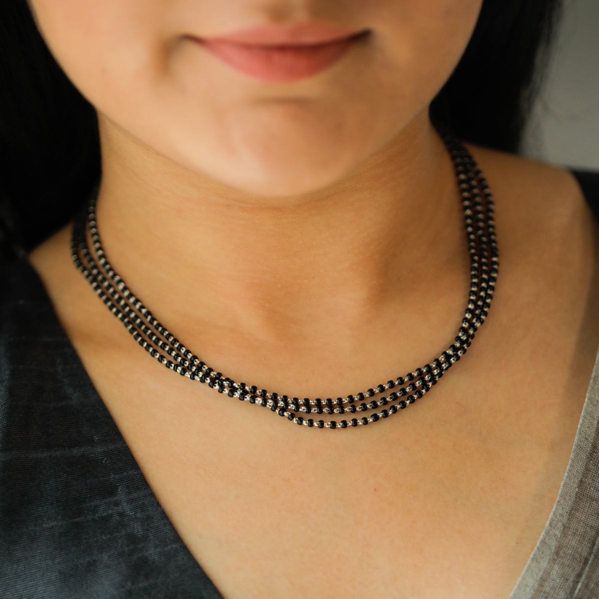 Black beaded layered necklace for women