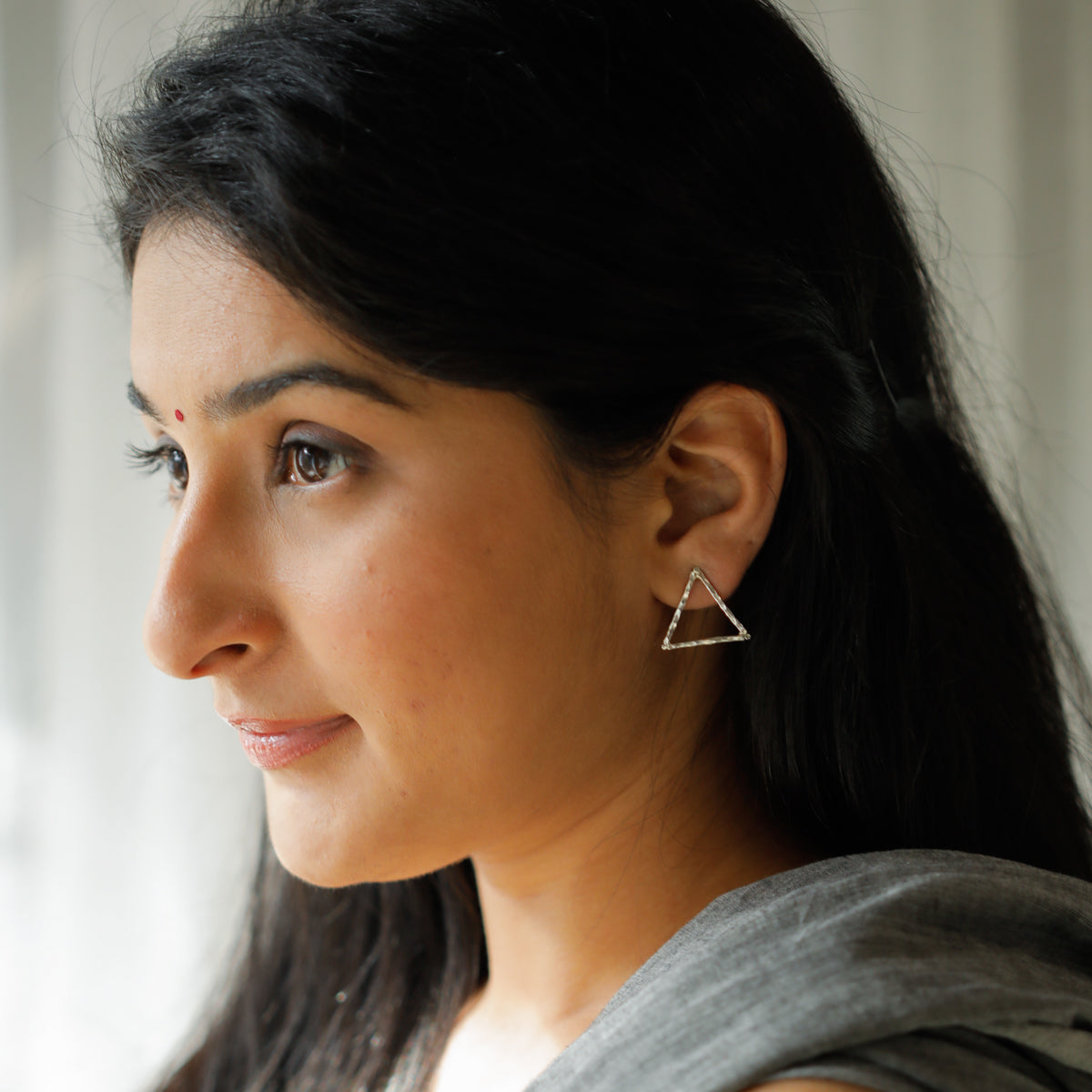 hammered triangle silver earrings for daily wear
