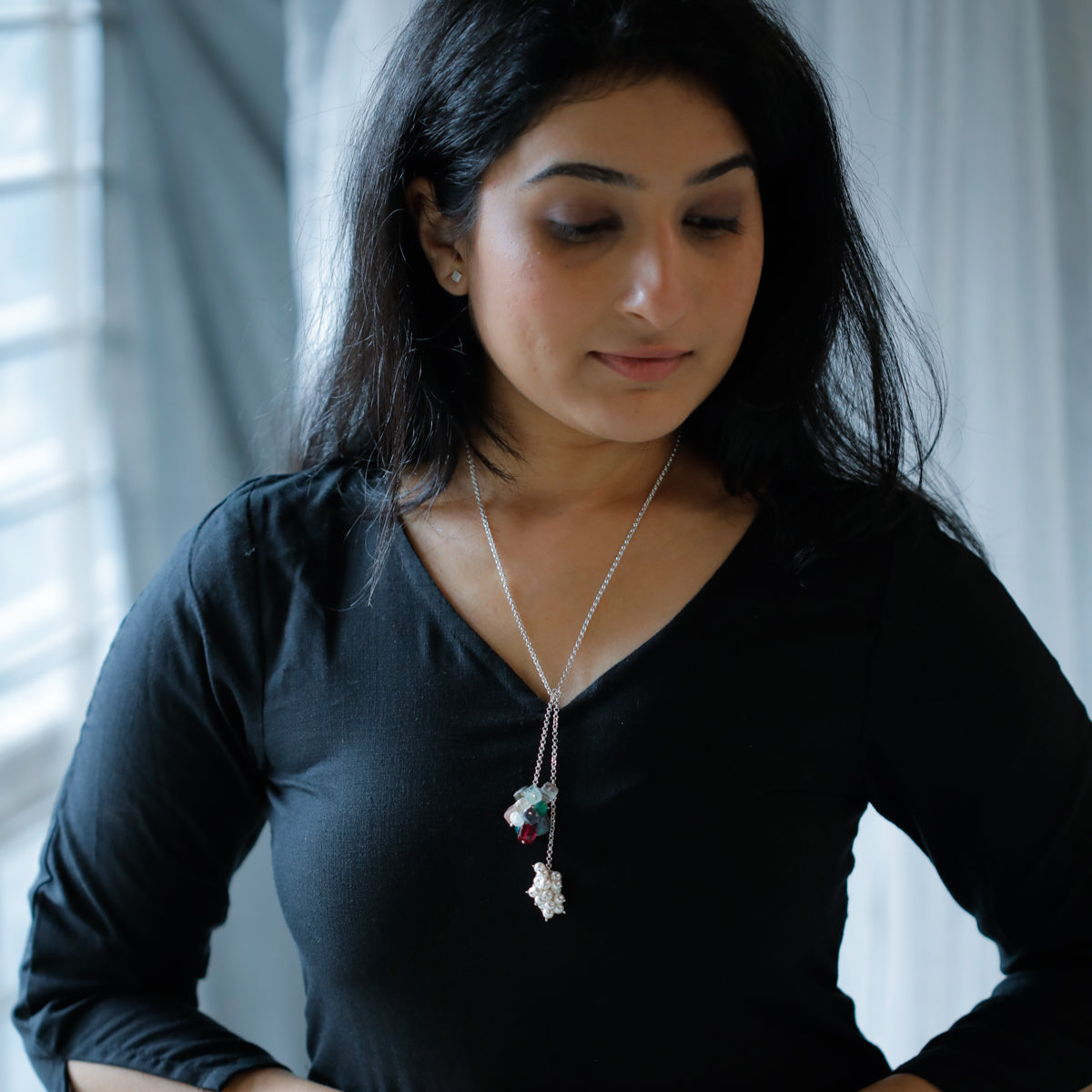 Silver Tie & Wear Necklace with Multicolor Semi-Precious Stones and Pearls