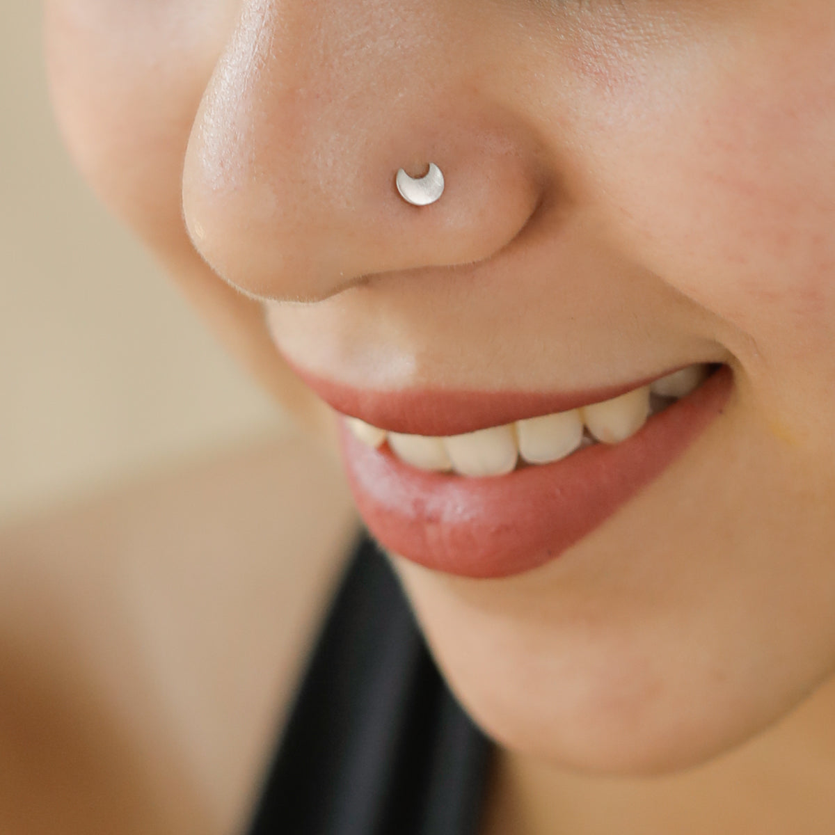 Model wearing Silver Tiny Chandrakor Nose Pin for daily look