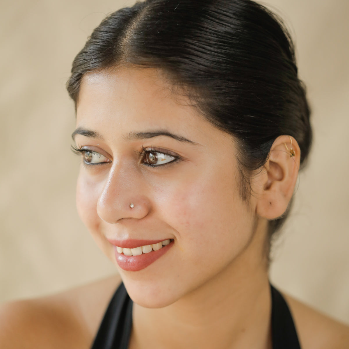 Model wearing Silver Tiny Nose Pin for everyday look