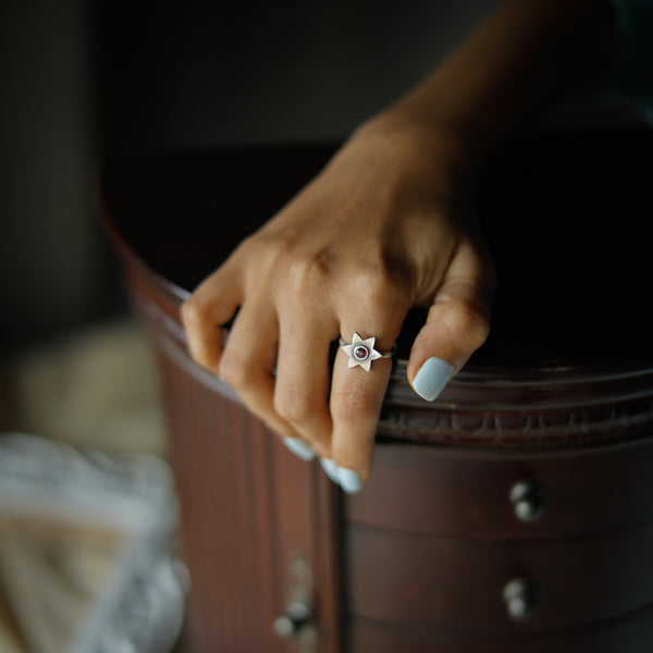 Silver Star Ring worn on finger