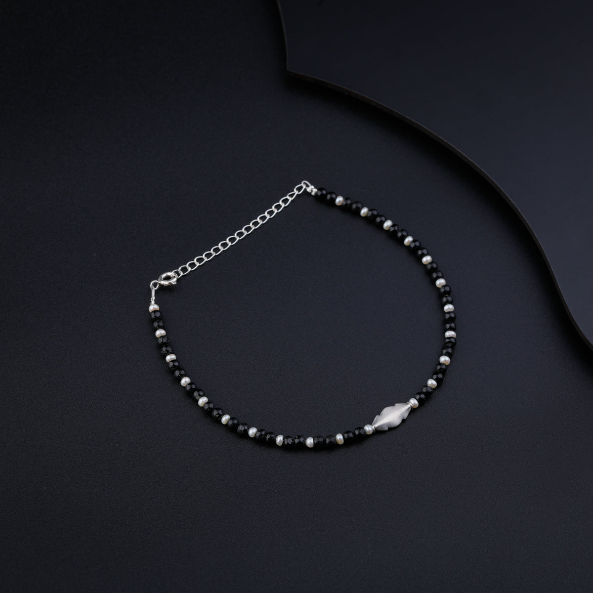Silver Black Spinel and Pearl Anklet